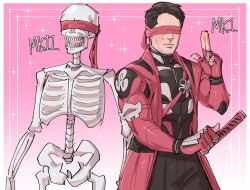 Rule 34 | 1boy, arm up, black hair, black pants, blindfold, bone, border, closed mouth, coat, commentary, english commentary, gloves, highres, kalamari, katana, kenshi (mortal kombat), kuji-in, layered clothes, long coat, male focus, mortal kombat (series), mortal kombat 11, mortal kombat 1 (2023), pants, colored blindfold, red coat, red gloves, red sash, sash, short hair, skeleton, sparkle, sword, weapon, white border