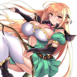 Rule 34 | arrow (projectile), belt, black capelet, black choker, black gloves, black ribbon, blonde hair, boots, bow, bow (weapon), braid, breasts, brown belt, capelet, choker, cleavage, clothing cutout, crossed bangs, crown braid, detached sleeves, elf, flower, garter straps, gloves, green skirt, hair flower, hair ornament, high heel boots, high heels, light blush, long hair, miniskirt, ninoko, original, pleated skirt, pointy ears, quiver, red bow, ribbon, simple background, skirt, smile, stomach cutout, strapless, sylpha (ninoko), thighhighs, thighs, tube top, weapon, white background, white thighhighs, white tube top, yellow eyes