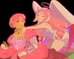 2girls angel angel_wings apple black_background circlet commentary cookie_run cookie_run:_kingdom dress english_commentary eternal_sugar_cookie food food-themed_hair_ornament fruit fruit_hair_ornament golden_apple hair_ornament halo hands_on_another&#039;s_shoulders head_wings highres holding holding_food holding_fruit hollyberry_cookie jewelry long_hair looking_at_another multiple_girls necklace parted_lips pink_dress pink_eyes pink_hair puffy_short_sleeves puffy_sleeves shnjie short_sleeves smile white_wings wings