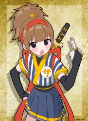 1girl :o artist_name black_eyes black_gloves blunt_bangs blush bridal_gauntlets brown_hair censored censored_gesture commentary_request elbow_gloves gloves hairband hand_on_own_hip high_ponytail highres imadake_dabuchi_tabemi katana long_hair looking_at_viewer mcdonald&#039;s melciort middle_finger mosaic_censoring open_mouth pleated_skirt ponytail red_hairband samurai_tamago_tabemi sheath sheathed short_sleeves skirt solo striped_clothes sword sword_on_back twitter_username vertical-striped_clothes watermark weapon weapon_on_back