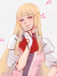 1girl absurdres ascot blonde_hair blunt_bangs blush emilie_de_rochefort fingerless_gloves gloves hand_on_own_chin highres hime_cut looking_at_viewer puffy_short_sleeves puffy_sleeves purple_eyes red_ascot short_sleeves sidelocks smile solo tekken tekken_8 upper_body white_gloves yumikari07