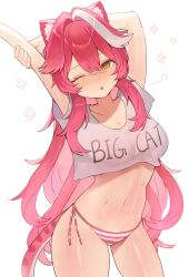 Rule 34 | 1girl, ;o, absurdres, animal ears, bikini, blush, breasts, cleavage, collarbone, commentary, english commentary, hair intakes, highres, hololive, hololive english, large breasts, long hair, looking at viewer, multicolored hair, navel, one eye closed, open mouth, panther ears, panther girl, panther tail, pink bikini, pink hair, raora panthera, shiny skin, shirt, short sleeves, side-tie bikini bottom, simple background, solo, stomach, streaked hair, stretching, striped bikini, striped clothes, sweat, swimsuit, szuukie, tail, thighs, two-tone hair, virtual youtuber, white background, white hair, white shirt, yellow eyes