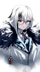 1girl arlecchino_(genshin_impact) bespectacled black_eyes black_hair brooch closed_mouth coat commentary fur_coat fur_trim genshin_impact glasses hair_between_eyes hashtag-only_commentary highres jewelry looking_to_the_side multicolored_hair red_eyes red_pupils rikka_virus short_hair solo symbol-only_commentary symbol-shaped_pupils two-tone_hair upper_body white_hair x-shaped_pupils