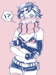 Rule 34 | !?, 1girl, bikini, bikini top only, blush, classicaloid, cosplay, covering breasts, covering privates, cowboy shot, embarrassed, fingerless gloves, flame print, gloves, hair ornament, monochrome, moroi (moroiohs), open mouth, otowa kanae, pink background, pink theme, print bikini, scarf, short shorts, shorts, simple background, skull hair ornament, solo, spoken interrobang, swimsuit, tears, tengen toppa gurren lagann, yoko littner, yoko littner (cosplay)