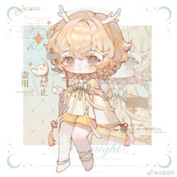 1girl :o anklet argyle_background bare_legs barefoot bell bird blonde_hair blue_background blue_eyes border braid chibi chinese_clothes chinese_commentary collared_shirt commentary_request commission crescent dragon_horns expressionless eyelashes gradient_background hair_bell hair_between_eyes hair_ornament hanfu high_collar horns jewelry light_blush long_sleeves looking_at_another mandarin_collar orange_background original outside_border parted_lips pointing red_ribbon ribbon sample_watermark shirt short_hair_with_long_locks shorts single_braid sitting sleeve_ribbon sleeves_past_wrists solo sparkle tareme tassel too_many_watermarks watermark white_bird white_border white_hanfu white_horns white_shirt wide_sleeves xi_guapi yellow_shorts zoom_layer