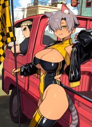 1boy 1girl arm_up back_cutout black_jacket black_leotard black_nails breasts cat_girl cat_tail cigarette cleavage clothing_cutout commentary cowboy_shot cropped_jacket dark-skinned_female dark_skin day ear_piercing english_commentary extra_ears flag grey_hair hair_over_one_eye highleg highleg_leotard highres holding holding_flag jacket kara_(vertigris) large_breasts latex latex_leotard latex_thighhighs leotard looking_at_viewer motor_vehicle original outdoors piercing race_queen road short_hair shoulder_cutout skindentation smile solo_focus standing street tail thighhighs thighs truck underboob underboob_cutout vertigris yellow_eyes yellow_leotard yellow_trim