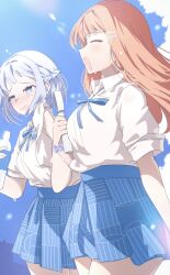 Rule 34 | 2girls, aroha j, blue eyes, blue ribbon, blue skirt, blue sky, blush, bottle, braid, cloud, collared shirt, commentary request, day, gakuen idolmaster, grey hair, hair ornament, hair ribbon, hairclip, half up braid, hand fan, handheld electric fan, hatsuboshi gakuen school uniform, highres, holding, holding bottle, holding fan, idolmaster, katsuragi lilja, lens flare, long hair, multiple girls, neck ribbon, orange hair, pleated skirt, ribbon, ribbon braid, school uniform, shirt, shirt tucked in, shiun sumika, short hair, short sleeves, skirt, sky, white shirt, wiping sweat