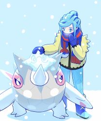 1boy blue_footwear blue_hair blue_mittens blue_scarf boots cetitan cetoddle commentary ffccll grusha_(pokemon) hand_up highres jacket long_sleeves looking_down male_focus mittens nintendo outdoors pants pokemon pokemon_(creature) pokemon_sv scarf scarf_over_mouth snow snow_sculpture snowing standing striped_clothes striped_scarf yellow_jacket