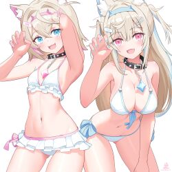 2girls :d absurdres animal_ear_fluff animal_ears bandaid bandaid_hair_ornament bikini bikini_skirt blonde_hair blue_eyes blue_hair blue_hairband breasts claw_pose cleavage commentary crossed_bangs dog_ears dog_girl dog_tail double-parted_bangs english_commentary frilled_bikini frills front-tie_bikini_top front-tie_top fuwawa_abyssgard gluteal_fold hair_between_eyes hair_intakes hair_ornament hairband hairclip halterneck hand_up highres hololive hololive_english horn_hairband large_breasts leaning_forward linea_alba long_hair looking_at_viewer mococo_abyssgard multicolored_hair multiple_girls navel open_mouth pink_eyes pink_hair pink_hairband short_hair siblings side-tie_bikini_bottom simple_background sisters small_breasts smile stomach streaked_hair string_bikini swimsuit tail twins two_side_up virtual_youtuber white_background white_bikini x_hair_ornament zambonito