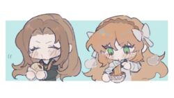 2girls steamed_bun black_coat blowing_on_food blush bow bowl brown_hairband chibi chopsticks coat eating food green_eyes hair_bow hairband holding holding_chopsticks ishmael_(project_moon) limbus_company long_hair moomsaw multiple_girls noodles orange_hair parted_bangs project_moon ramen rodion_(project_moon) rope sidelocks very_long_hair white_bow