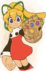 :3 absurdres armored_gloves black_sleeves blonde_hair blue_eyes boots clenched_hand gauntlets gem gradient_background green_ribbon hair_between_eyes hair_ribbon highres infinity_gauntlet infinity_gems jewelry knee_boots long_hair long_sleeves looking_at_viewer marvel marvel_cinematic_universe marvel_vs._capcom marvel_vs._capcom_2 miniskirt pikapulu pink_background ponytail red_boots red_skirt ribbon roll_(mega_man) sidelocks simple_background skirt smile two-tone_background white_background
