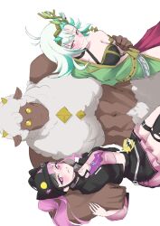 1other 2girls :s absurdres ahoge animal_ear_headwear animal_ears aqua_hair arm_around_back arm_around_shoulder armlet asymmetrical_bangs beanie belt black_choker black_hair black_headwear black_jacket black_skirt black_thighhighs black_tube_top blush breasts buckle cape choker circlet cleavage creature_and_personification cropped_jacket embarrassed fake_animal_ears green_hair green_robe grizzbolt hadanugi_dousa hand_on_another&#039;s_arm hat heart heart-shaped_pupils hei_cai highres jacket japanese_clothes jewelry kimono lamball layered_skirt lily_everhart long_hair looking_at_viewer medium_breasts miniskirt multicolored_hair multiple_girls open_clothes open_jacket open_kimono pal_(creature) palworld parted_lips personification pink_eyes pink_hair pink_skirt pleated_skirt red_cape robe sheep side_slit sidelocks simple_background single_bare_shoulder single_thighhigh skirt smile split-color_hair strapless streaked_hair stuffed_animal stuffed_toy symbol-shaped_pupils thigh_belt thigh_strap thighhighs torn_clothes torn_thighhighs tube_top twintails two-tone_hair two-tone_skirt upper_body waist_cape white_background wool yellow_eyes zipper zoe_rayne