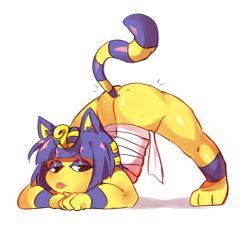 ancient_egyptian ancient_egyptian_clothes animal_crossing animal_ears ankha_(animal_crossing) ass bandages blue_fur blue_hair body_fur cat_ears cat_girl cat_tail colored_skin furry furry_female hair_ornament hanaarts jack-o&#039;_challenge nintendo snake_hair_ornament solo striped_tail tail yellow_fur yellow_skin
