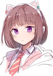 Rule 34 | 1girl, :/, animal ear headphones, animal ears, bob cut, cat ear headphones, chinese commentary, closed mouth, collared shirt, commentary request, cropped shoulders, diagonal-striped clothes, diagonal-striped necktie, expressionless, fake animal ears, gorilla-chan (axpdxsyc0222), headphones, highres, ikizulive! love live! bluebird, jacket, light blush, looking at viewer, love live!, necktie, pink jacket, purple eyes, purple hair, red necktie, sasaki shion, shirt, short hair, simple background, sketch, striped clothes, white background, white shirt, yellow stripes