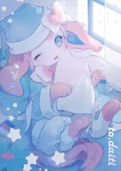 absurdres animal_focus bed bloomers blue_eyes blue_pajamas blue_theme bow commentary commission creatures_(company) curtains english_text fang floppy_ears game_freak gen_6_pokemon hat hideko_(l33l3b) highres hugging_object indoors long_sleeves morning nightcap nintendo no_humans on_bed one_eye_closed open_mouth pajamas pillow pillow_hug pink_bow pink_fur pokemon pokemon_(creature) pom_pom_(clothes) ribbon star_(symbol) sylveon tearing_up tears see-through_curtains underwear wall white_bloomers window