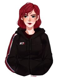 1girl alternate_costume black_eyes black_hoodie commander_shepard commander_shepard_(female) commentary english_commentary freckles hands_in_pockets highres hood hoodie looking_to_the_side mass_effect_(series) mass_effect_1 red_hair signature simple_background solo upper_body vacuumchan white_background