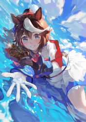 1girl absurdres animal_ears ascot asymmetrical_gloves black_gloves blue_eyes blue_skirt blue_sky brown_hair cloud day epaulettes gloves hair_between_eyes highres horse_ears horse_girl long_hair long_sleeves looking_at_viewer lying mismatched_gloves multicolored_hair on_side outdoors ponytail reaching reaching_towards_viewer red_ascot single_epaulette skirt sky smile solo streaked_hair teeth tokai_teio_(umamusume) umamusume wannatchears water white_gloves white_hair
