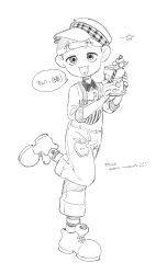 1boy absurdres animification bg_0862 duffy_and_friends fretless_instrument full_body hat highres holding holding_instrument humanization instrument looking_at_viewer monochrome olu_mel pants shirt shoes short_hair smile ukulele