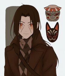 1boy argyle_clothes argyle_sweater bag black_hair border brown_coat closed_mouth coat demonerith facial_mark fox_mask grey_background highres light_blush long_hair looking_at_viewer male_focus mask naruto_(series) parted_bangs red_eyes shoulder_bag solo sweater turtleneck turtleneck_sweater uchiha_itachi upper_body white_border