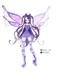 1girl alternate_costume arm_ribbon arm_warmers asian asymmetrical_bangs bad_id bad_twitter_id bare_shoulders believix blunt_bangs boots braid chocofish closed_mouth collarbone commentary double_bun dress eyelashes eyeshadow fairy fairy_wings frilled_dress frills full_body glitter grey_eyes hair_bun hair_ribbon happy hay_lin high_heel_boots high_heels highres instagram_username lipstick long_hair magical_girl makeup nail_polish outstretched_arm oversized_wings pink_lips pink_thighhighs pink_wings purple_arm_warmers purple_boots purple_dress purple_eyeshadow purple_hair purple_nails purple_ribbon purple_thighhighs purple_wings ribbon simple_background single_arm_warmer single_bare_arm smile solo standing stiletto_heels strapless strapless_dress striped_clothes striped_thighhighs thighhighs transparent_wings twin_braids twitter_username two-tone_thighhighs two-tone_wings two_side_up very_long_hair w.i.t.c.h. watermark wavy_hair white_background wings winx_club wrist_ribbon