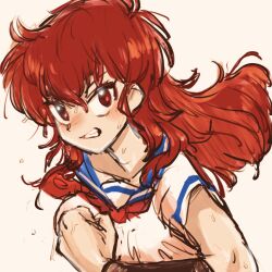 Rule 34 | 1girl, eisu (eith), flying sweatdrops, hair between eyes, highres, long hair, magami eiko, messy hair, project a-ko, red eyes, red hair, school uniform, sepia, serafuku, simple background, sketch, sweat, torn clothes, white background