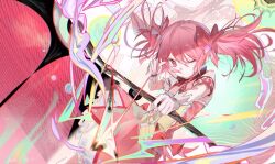 1girl aiming archery arrow_(projectile) bow bow_(weapon) bubble_skirt choker drawing_bow energy_arrow gem gloves hair_bow holding holding_arrow holding_bow_(weapon) holding_weapon kaname_madoka kaname_madoka_(magical_girl) magical_girl mahou_shoujo_madoka_magica mahou_shoujo_madoka_magica_(anime) milbi one_eye_closed pink_bow pink_eyes pink_gemstone pink_hair red_choker short_twintails skirt solo soul_gem twintails weapon white_gloves
