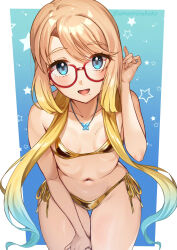 1girl :d artist_name bare_shoulders bikini blonde_hair blue_background blue_eyes blue_hair border breasts butterfly_necklace collarbone commentary_request glasses gold_bikini gradient_background gradient_hair hand_up haruno_sora highres jewelry long_hair looking_at_viewer mole mole_under_mouth multicolored_hair navel necklace open_mouth orange_hair outside_border red-framed_eyewear side-tie_bikini_bottom small_breasts smile solo star_(symbol) swept_bangs swimsuit tenneko_yuuri thigh_gap twitter_username very_long_hair voiceroid white_border