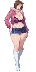 1girl blue_eyes blue_nails boots bra breasts brown_hair collarbone female_focus full_body hand_on_own_hip highres jacket knee_boots large_breasts mazaki_anzu medium_hair nanabe_78 open_clothes open_jacket parted_lips shiny_skin simple_background skirt sweat thong underwear white_background yu-gi-oh!