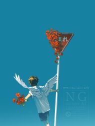 1boy aqua_background back blue_shorts brown_hair english_text flower highres holding holding_flower male_focus original red_flower rido_(ridograph) shirt short_hair shorts sign simple_background solo standing watermark white_shirt white_wings wings