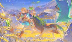 Rule 34 | 1boy, absurdres, apple, bakutiku, blue eyes, blue sky, blue tunic, boned meat, boots, brown pants, earrings, eating, flower, food, fruit, highres, holding, holding food, holding fruit, hood, jewelry, korok, leather, leather boots, light brown hair, link, meat, medium hair, mountainous horizon, nature, nintendo, pants, pointy ears, ruins, running, sky, the legend of zelda, the legend of zelda: breath of the wild, tunic, wolf link, yellow flower