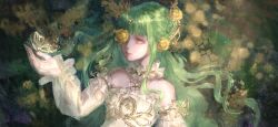 Rule 34 | 1girl, absurdres, bare shoulders, bug, butterfly, circlet, closed mouth, collar, day, detached collar, detached sleeves, dress, expressionless, eyelashes, eyeshadow, field, flower, flower field, flower in eye, frilled collar, frilled dress, frilled sleeves, frills, gold circlet, gold halo, gold necklace, green hair, hair flower, hair ornament, halo, halo behind head, highres, infinity nikki, insect, jewelry, light particles, lipstick, long hair, long sleeves, looking at animal, makeup, necklace, nikki (series), outdoors, outstretched hand, pink eyeshadow, pink lips, puffy long sleeves, puffy sleeves, rose, sea0, sidelocks, solo, strapless, strapless dress, symbol in eye, upper body, very long hair, white dress, white sleeves, wishful aurosa (infinity nikki), yellow butterfly, yellow collar, yellow eyes, yellow flower, yellow rose
