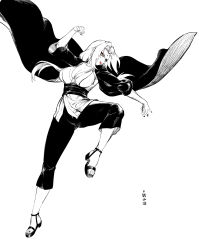 1girl absurdres feet highres ling_luo_xi_yang long_hair monochrome naruto_(series) parted_lips sandals toes tsunade_(naruto) yellow_eyes