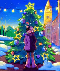 Rule 34 | 1girl, absurdres, black hair, black shorts, blue eyes, blue sky, blush, brown shoes, building, buttons, christmas lights, christmas ornaments, christmas tree, chromashift, coat, commentary, commission, crown, day, earmuffs, english commentary, eyelashes, full body, glint, hands in pockets, heterochromia, highres, kneehighs, long sleeves, lucinda grey, multicolored coat, multicolored hair, open mouth, outdoors, purple hair, purple scarf, purple socks, red eyes, rin penrose, scarf, shoes, short hair, shorts, skrunkly (rin penrose), sky, smile, snebby (rin penrose), snow, snow sculpture, snowing, socks, solo, split-color clothes, split-color hair, standing, star (symbol), tree, two-tone coat, two-tone hair, vgen commission, virtual youtuber