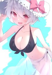 :d absurdres bikini black_bikini breasts cleavage damao_(kiwa777) hat highres navel open_mouth original short_hair simple_background smile sun_hat swimsuit tagme white_hair