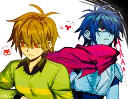 Rule 34 | 1other, alternate skin color, anger vein, armor, black shirt, blue hair, blue skin, brown hair, cape, collared shirt, colored skin, commentary, deltarune, english commentary, green sweater, hair over one eye, highres, kris (dark world) (deltarune), kris (deltarune), multiple views, muusumi, pink cape, pink eyes, red eyes, shirt, short hair, side cape, signature, single horizontal stripe, soul (deltarune), striped clothes, striped sweater, sweater