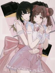 2girls :p absurdres black_hair blonde_streaks bow brown_eyes brown_hair chocolate closed_mouth cobwvmeti cowboy_shot double_bun dress earrings hair_bow hair_bun hands_up heart heart-shaped_blush_stickers heart_earrings highres hug hug_from_behind idolmaster idolmaster_shiny_colors ikaruga_luca jewelry long_hair looking_at_viewer multicolored_hair multiple_girls pink_bow pink_dress sleeveless sleeveless_dress sonoda_chiyoko standing streaked_hair tongue tongue_out twintails wrist_cuffs yellow_eyes yuri