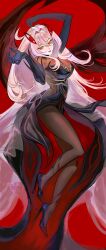 1girl ahoge arms_up artist_name black_claws black_dress black_skin blonde_hair breasts claws closed_mouth colored_skin dress eye_symbol floating from_side full_body genshin_impact glowing hair_between_eyes hair_intakes hair_ornament hashtag-only_commentary head_tilt high_heels highres huge_ahoge iasly7 large_breasts long_hair looking_at_viewer looking_to_the_side multicolored_dress multicolored_hair multicolored_skin orange_eyes red_background red_lips red_wings ronova_(genshin_impact) shade side_ahoge simple_background skin_tight solo symbol-shaped_pupils symbol_in_eye twitter_username two-tone_skin watermark wavy_hair wings