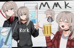 1girl beer_mug black_choker black_hoodie black_jacket blush cat chinese_commentary choker closed_eyes closed_mouth commentary_request cup drooling drunk earclip girls_band_cry grey_eyes grey_hair haidao_mao hair_between_eyes hand_in_pocket highres holding holding_cup hood hood_down hoodie jacket kawaragi_momoka long_hair mouth_drool mug multiple_views open_mouth red_jacket shirt sidelocks smile translation_request very_long_hair white_shirt
