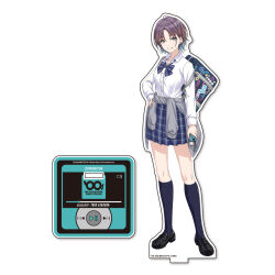 Rule 34 | 1girl, asakura toru, bag, blue eyes, bow, earrings, idolmaster, idolmaster shiny colors, jewelry, long sleeves, multicolored hair, official art, plaid bow, plaid clothes, plaid skirt, school bag, shirt, skirt, solo, standing, white shirt
