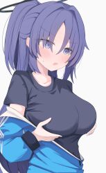 absurdres angry black_shirt blue_archive blue_eyes blue_hair blue_jacket blush breast_lift breasts collarbone commentary_request detexted double_vertical_stripe gym_uniform halo highres jacket large_breasts long_hair mechanical_halo nui_(nuinui0300) official_alternate_costume open_mouth shirt short_sleeves simple_background sweat third-party_edit upper_body v-shaped_eyebrows white_background yuuka_(blue_archive) yuuka_(track)_(blue_archive)