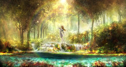 00 1girl absurdres autumn autumn_leaves barefoot blurry bush dress elf fantasy female_focus forest hand_on_own_head highres jpeg_artifacts leaf lens_flare light_brown_hair light_particles maple_leaf nature original pointy_ears pond profile rainbow scenery see-through_clothes solo sunlight tree water waterfall white_dress
