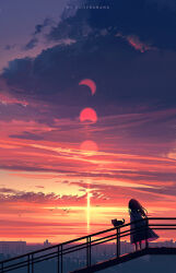 1girl artist_name bird building cat city cityscape cloud cloudy_sky crescent_moon dress evening from_behind highres huhv. long_hair moon original outdoors railing scenery sky solo standing star_(sky) sunset