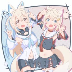 Rule 34 | :d, absurdres, animal ear fluff, animal ears, armpits, arms up, bandaid on tail, blonde hair, blue nails, border, breasts, claw pose, commentary request, cosplay, costume switch, detached sleeves, dog ears, dog girl, dog tail, double fox shadow puppet, facing viewer, fang, fox shadow puppet, fuwawa abyssgard, hair ornament, highres, hololive, hololive english, large breasts, long hair, looking at viewer, midriff, miniskirt, mococo abyssgard, multicolored hair, navel, ookami mio, ookami mio (1st costume), ookami mio (cosplay), open mouth, outside border, paw print, pentagram, pink nails, pulsar d39, shirakami fubuki, shirakami fubuki (1st costume), shirakami fubuki (cosplay), short hair, siblings, signature, sisters, skin fang, skirt, small breasts, smile, standing, streaked hair, tail, thighhighs, twins, virtual youtuber, zettai ryouiki