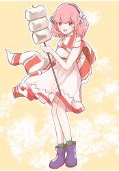 1girl airisuotog blue_hairband boots fire_emblem fire_emblem_echoes:_shadows_of_valentia fire_emblem_heroes fluffy_hair food genny_(fire_emblem) genny_(picnic)_(fire_emblem) hairband highres looking_at_viewer marshmallow nintendo official_alternate_costume open_mouth pink_eyes pink_hair purple_boots roasted_marshmallow solo