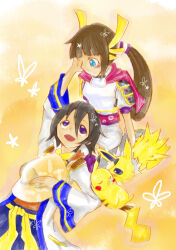 armor armored_boots beret black_hair blue_eyes blunt_bangs blush boots brown_hair cape coat creatures_(company) game_freak gen_1_pokemon hair_between_eyes hand_on_another&#039;s_face hat headdress heroine_(pokemon_conquest) japanese_clothes jolteon kimono kneeling long_bangs long_hair looking_at_another lying_on_lap nintendo nose_bubble obi on_lap one_eye_closed pikachu pokemon pokemon_conquest ponytail purple_eyes purple_thighhighs sash sengoku_musou sleeping takenaka_hanbei thighhighs