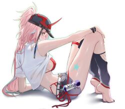 1girl absurdres asymmetrical_sleeves bad_id bad_twitter_id barefoot black_hat blue_pants blush bra breasts commentary english_commentary feet green_eyes hat high_ponytail highres honkai:_star_rail honkai_(series) large_breasts long_hair looking_back nail_polish paint_can pants pink_hair ponytail rappa_(honkai:_star_rail) red_bra shirt short_sleeves sitting soles solo thighs tiptoes toenail_polish toenails underwear uneven_sleeves vitaminechan white_background white_shirt