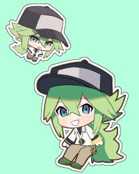 1boy baseball_cap black_hat blue_eyes bracelet chibi chibi_only crossed_bangs double-parted_bangs green_background green_hair hat highres jewelry long_hair long_sleeves male_focus n_(pokemon) nintendo open_mouth pokemon pokemon_bw ponytail simple_background smile solo zero_(sleepy_meltan)