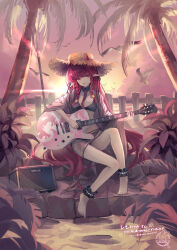 1girl :d absurdres animal ankle_cuffs arknights barefoot bikini bikini_under_clothes bird black_bikini braid brown_hat character_name cloud cloudy_sky commentary_request commission demon_horns electric_guitar fang full_body guitar hair_ornament hairclip hat hemorina highres holding holding_instrument horns horns_through_headwear instrument knee_up long_hair long_sleeves looking_at_viewer open_mouth palm_tree pointy_ears red_eyes red_hair sitting skeb_commission sky smile solo star_(symbol) star_hair_ornament straw_hat sunset swimsuit translation_request tree twin_braids very_long_hair vigna_(arknights) vigna_(casual_vacation)_(arknights) wide_sleeves