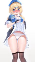 1girl absurdres black_gloves black_skirt blonde_hair blue_eyes blue_jacket blush braid breasts clothes_lift clothes_pull commission ehart embarrassed fingerless_gloves from_below frown girls&#039;_frontline girls&#039;_frontline_2:_exilium gloves hair_between_eyes hair_ornament hairclip hands_up highres hip_focus jacket knees_together_feet_apart lifting_own_clothes long_hair looking_at_viewer looking_down medium_breasts open_clothes open_jacket panties pantyhose pantyhose_pull papasha_(girls&#039;_frontline_2) parted_lips pixiv_commission ppsh-41_(girls&#039;_frontline) shirt single_braid skirt skirt_lift solo standing thigh_gap thighs twintails underwear white_panties white_shirt
