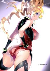 1girl absurdres alansakata artist_name ass blonde_hair blue_eyes breasts claire_harvey colorized drill_hair earrings from_behind gloves highres hundred_(light_novel) jewelry large_breasts leotard long_hair looking_at_viewer looking_back pinup_(style) red_leotard shiny_clothes skin_tight smile solo third-party_edit twin_drills